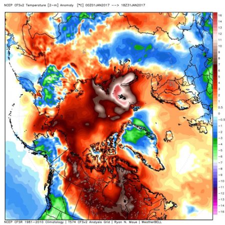 Arctic temperature difference from normal during January. (WeatherBell.com)