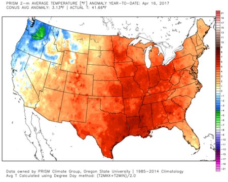 Year to date (through April 17) temperature difference from normal (1985-2014) over Lower 48.